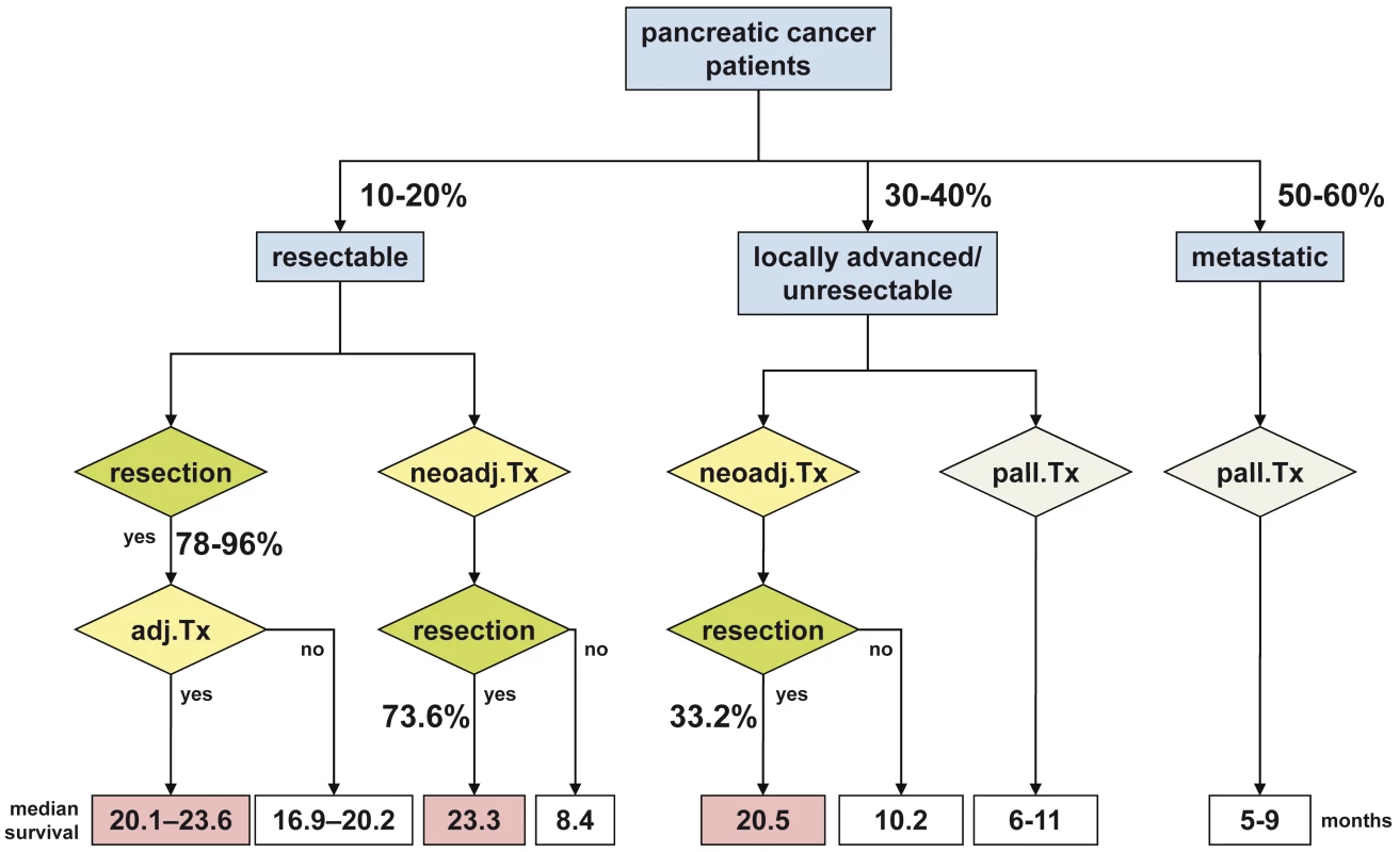 Summary overview of survival and resection percentages of different groups of patients with pancreatic cancer.