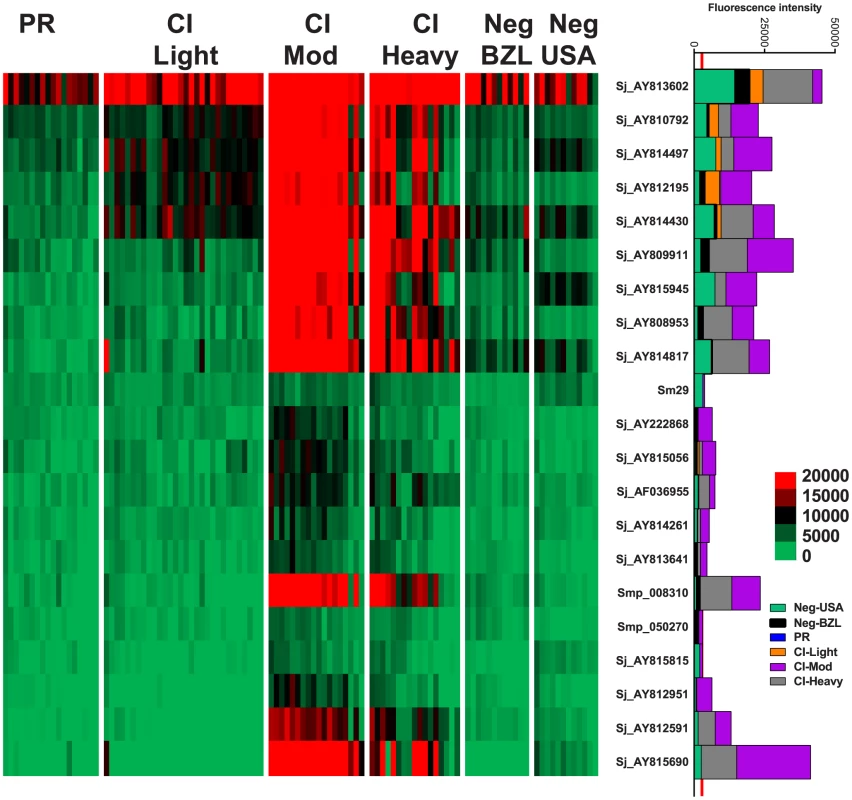 IgG4 reactivity profiles of resistant and susceptible human cohorts to <i>Schistosoma</i> proteins printed on a proteome microarray.