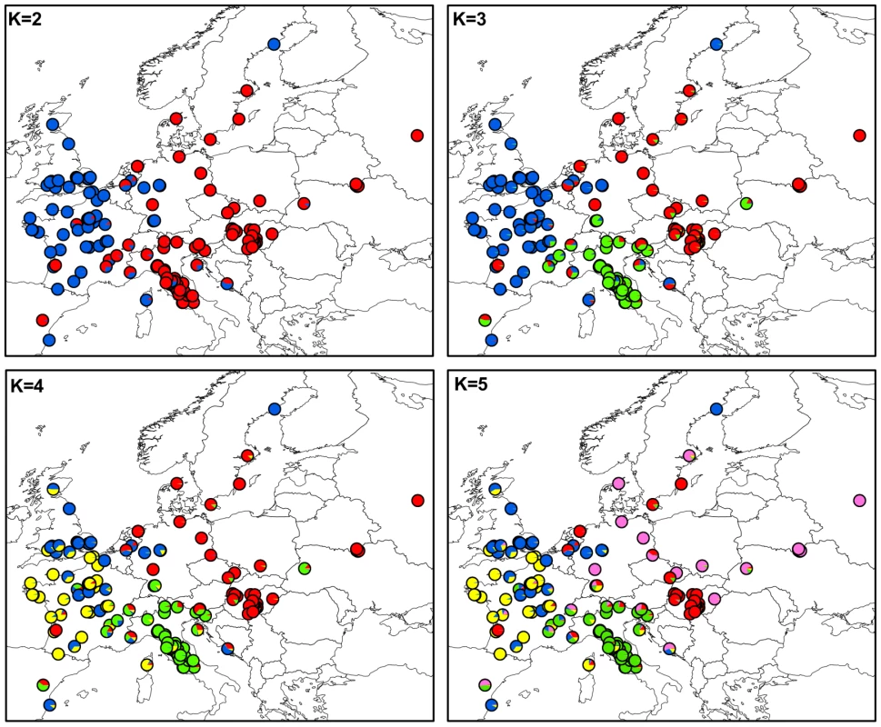 Maps of mean membership probabilities per localities from the InStruct analysis for &lt;i&gt;Microbotryum lychnidis-dioicae&lt;/i&gt; (MvSl) assuming 2 to 5 clusters.