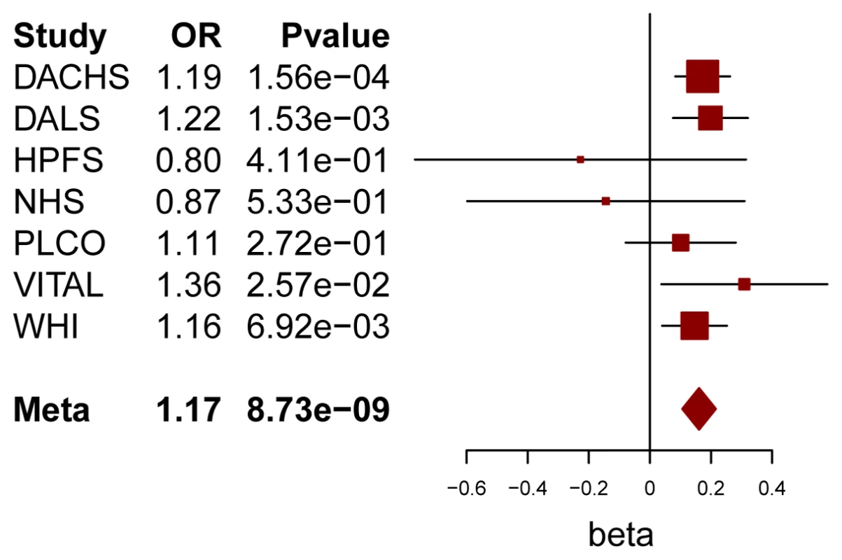 Forest plot for meta-analysis of interaction analysis for rs4143094 and processed meat.
