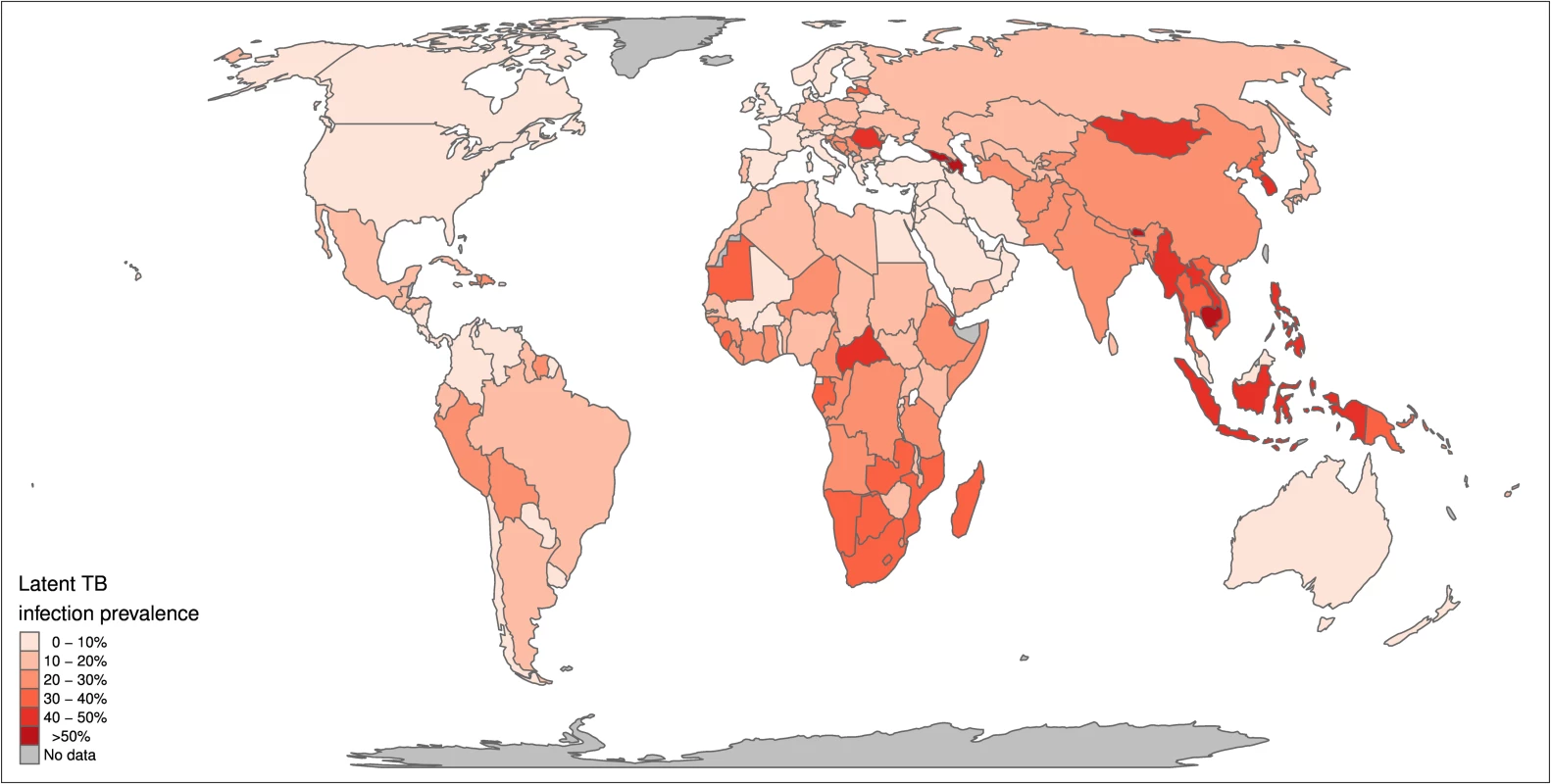 Global map of prevalence of latent TB infection.