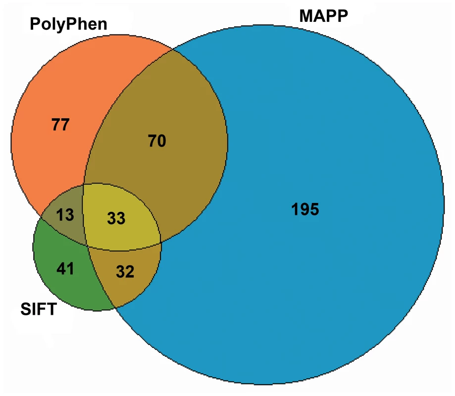 The number of nonsynonymous SNPs that might affect protein function based on SIFT <em class=&quot;ref&quot;>[24]</em>, MAPP <em class=&quot;ref&quot;>[25]</em>, and PolyPhen2 <em class=&quot;ref&quot;>[26]</em>.