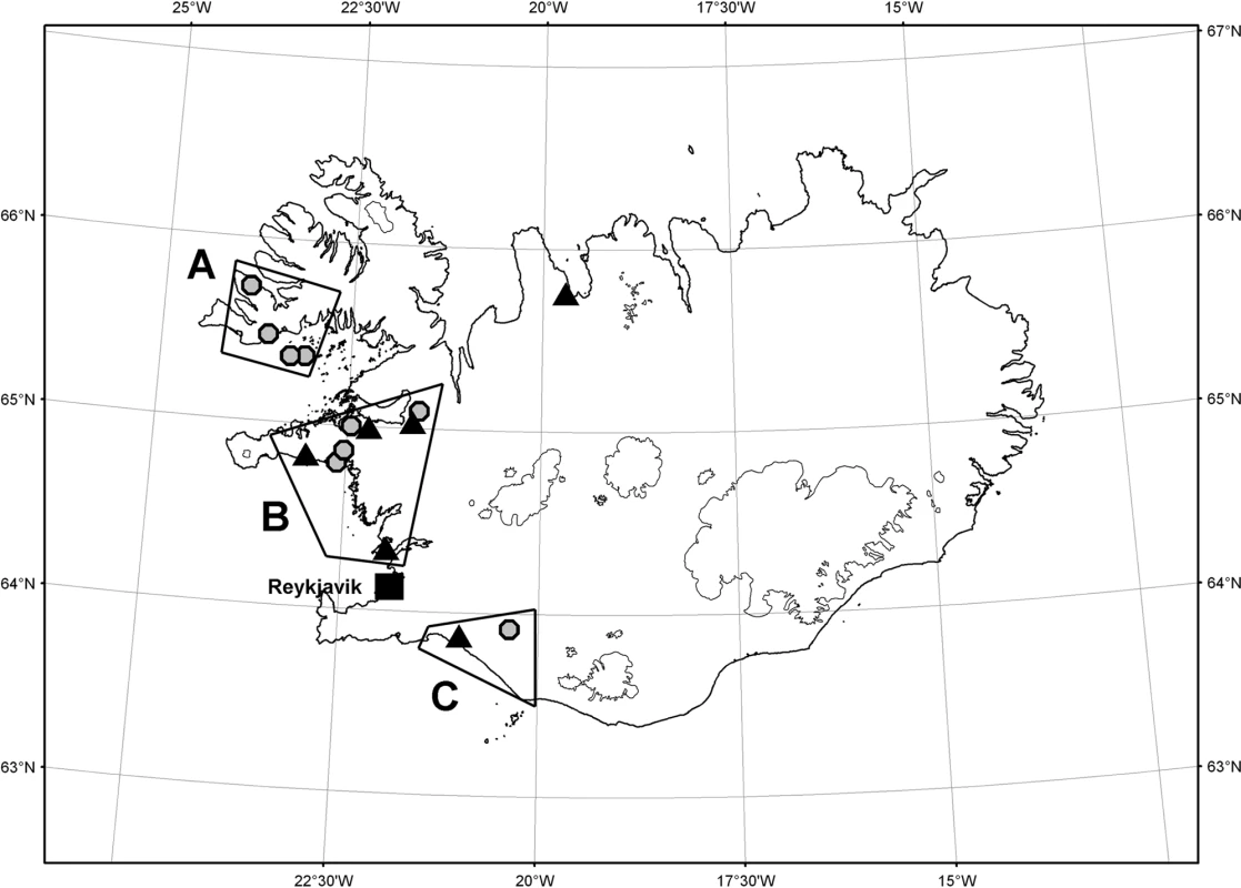 A map of Iceland demonstrating the geographical distribution of families with the HCCAA mutation around the year 1800.