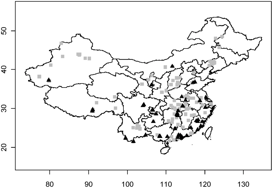 Distribution of HPAI H5N1 outbreaks (grey square) and HPAI H5N1 positive samples identified through surveillance (black triangles) in China.