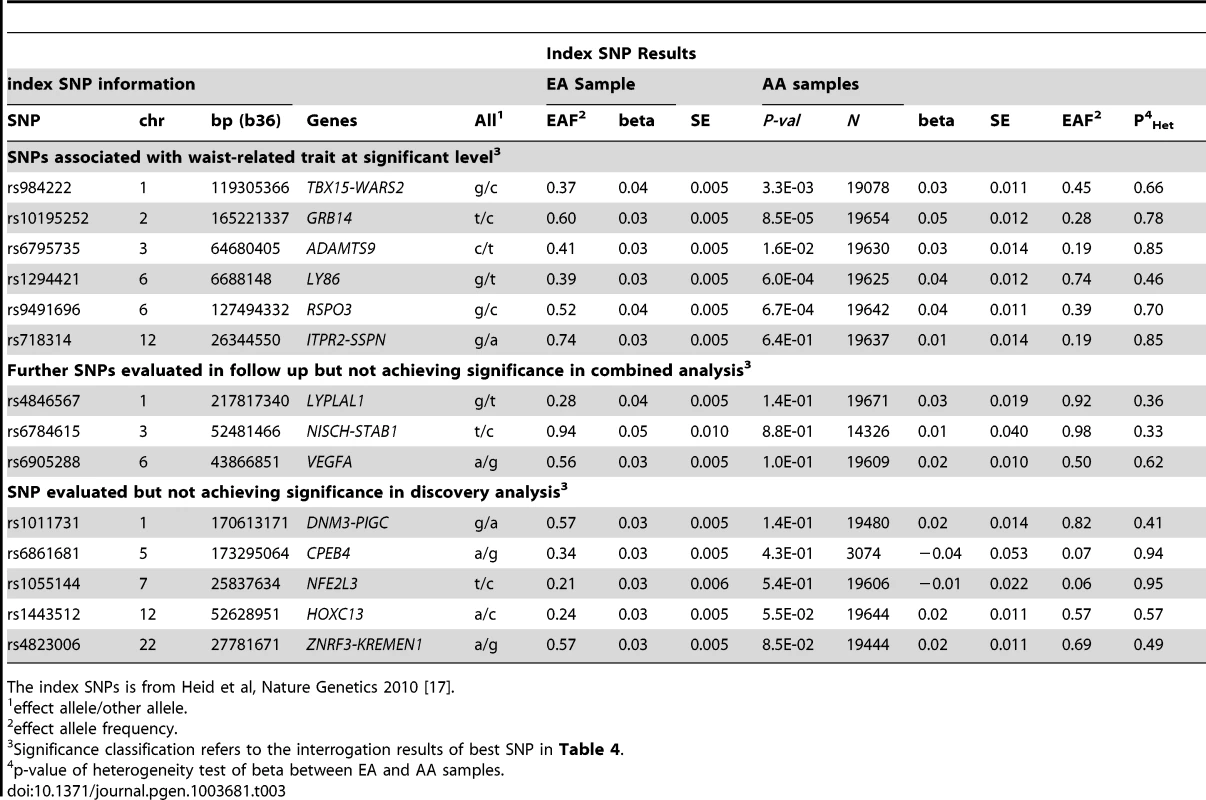 Examination of index SNPs within known loci in EA in AA for trait WHR ratio adjusted for BMI.
