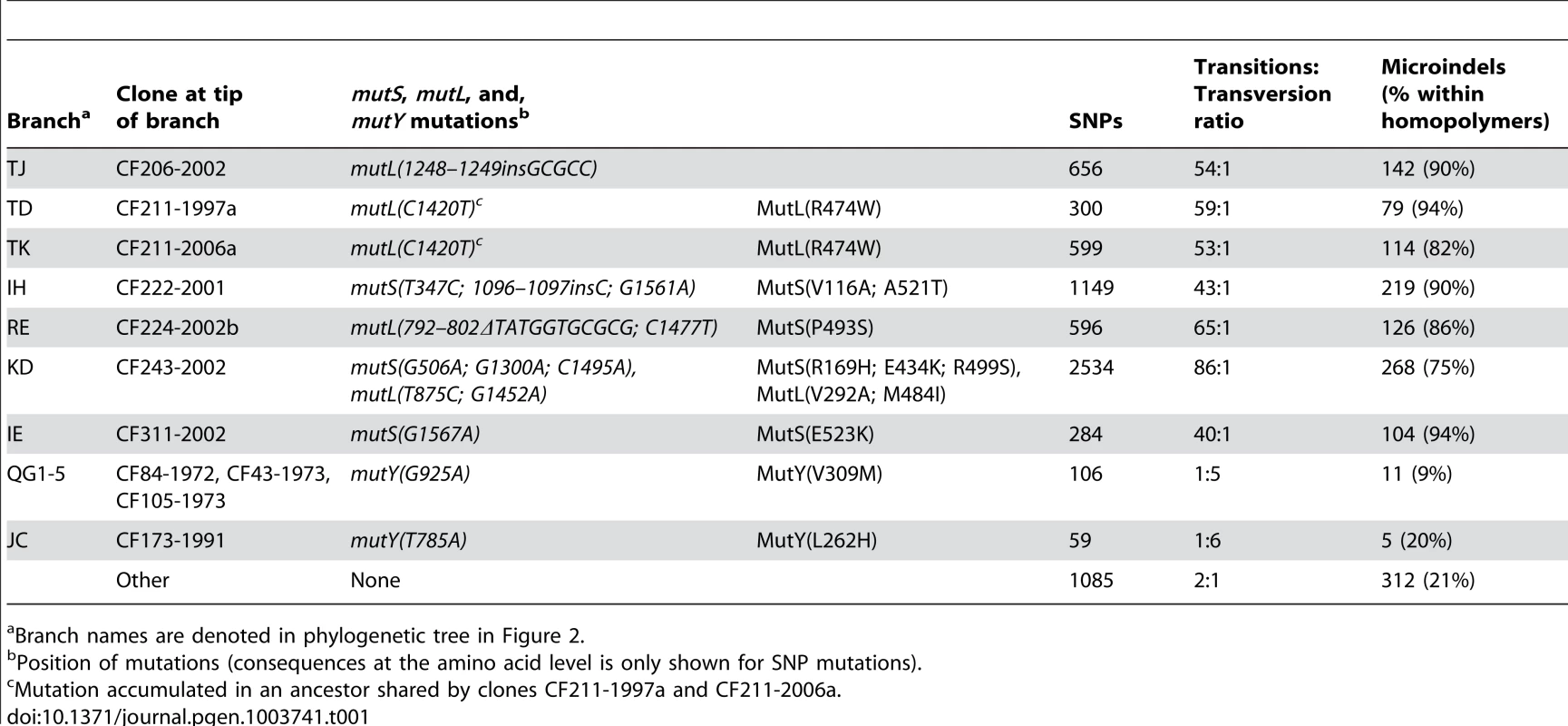 Statistics on mutations accumulated in hypermutable sub-lineages.