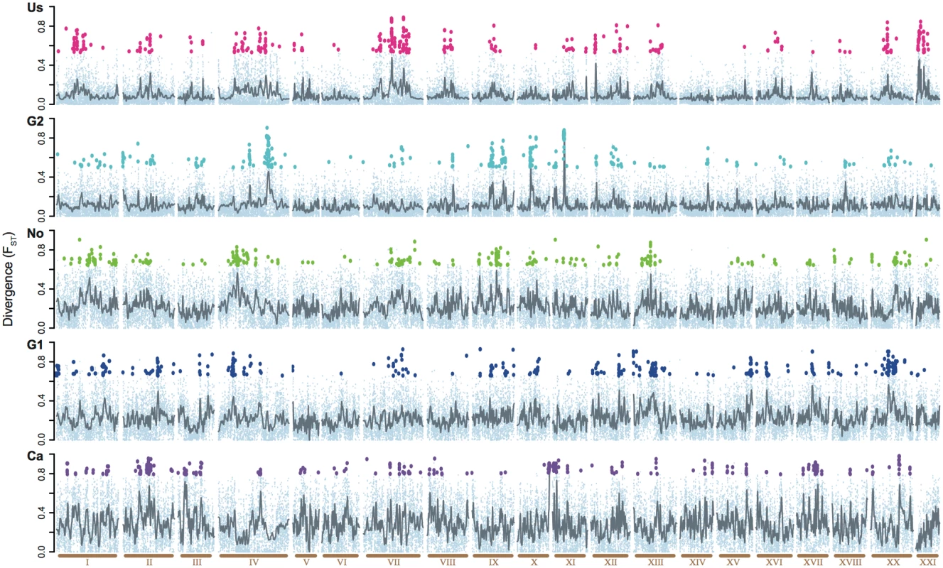 Comparison of the divergence across the genome in five parapatric lake-river pairs.