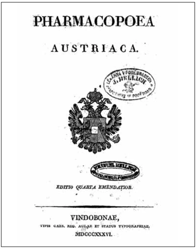 Titulní stránka doplněného čtvrtého vydání rakouského lékopisu z roku 1836