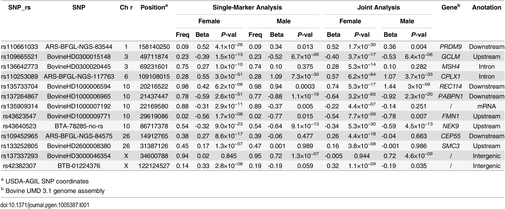Independent SNPs associated with genome-wide recombination rate in females and males.