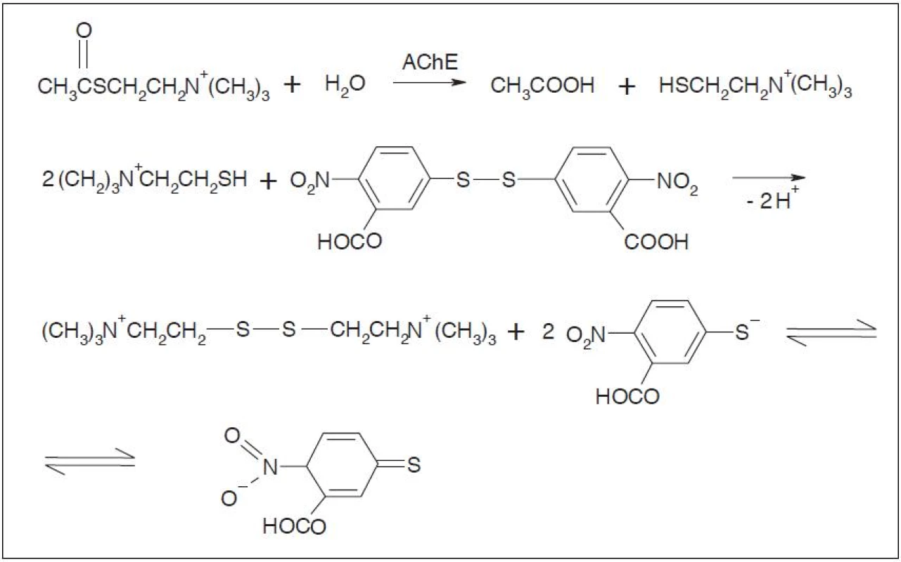 Hydrolýza substrátu a reakce thiocholinu s Ellmanovým činidlem&lt;sup&gt;1)&lt;/sup&gt;