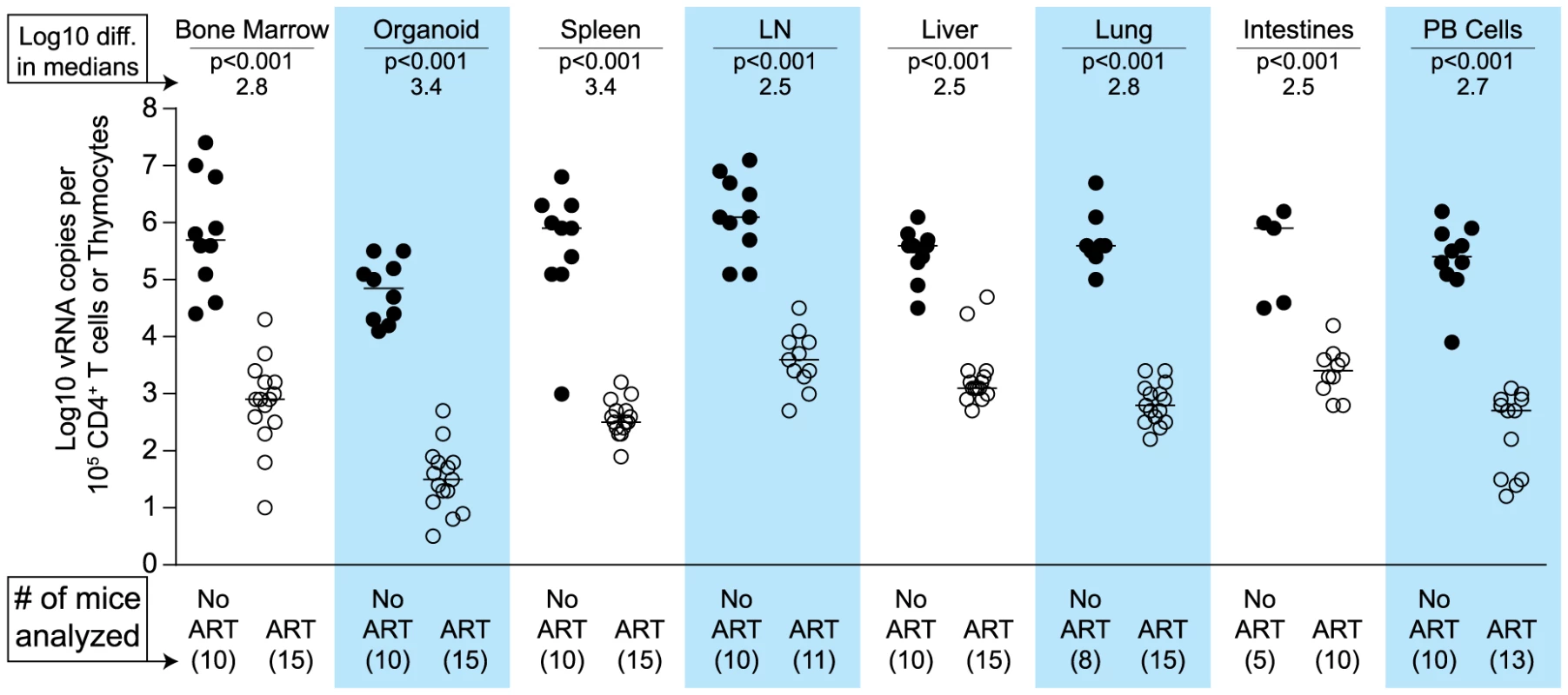 Each tissue analyzed exhibited a significant decline in vRNA during ART.