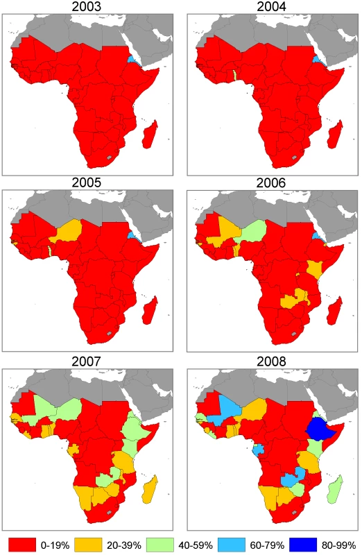 Annual maps of ITN use in children under 5 coverage among the population at risk of malaria in 44 African countries.