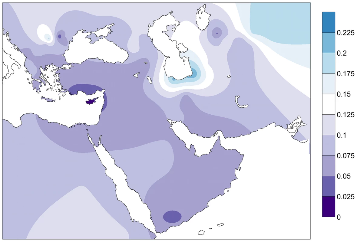 Contour map of Fst distances between the PPNB population and modern populations of the database.