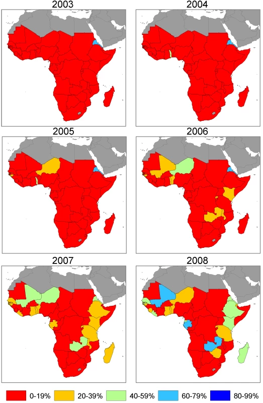 Annual maps of ITN use in children under 5 coverage at the national level in 44 African countries.