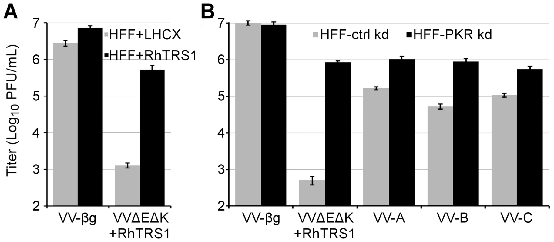 RhTRS1 overexpression or PKR knockdown permits efficient VVΔEΔK+RhTRS1 replication in HFF.