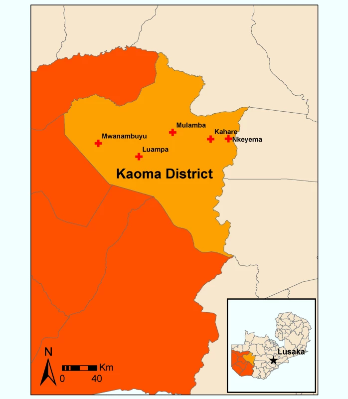 Map of study clinics in Kaoma District, Western Provence, Zambia.