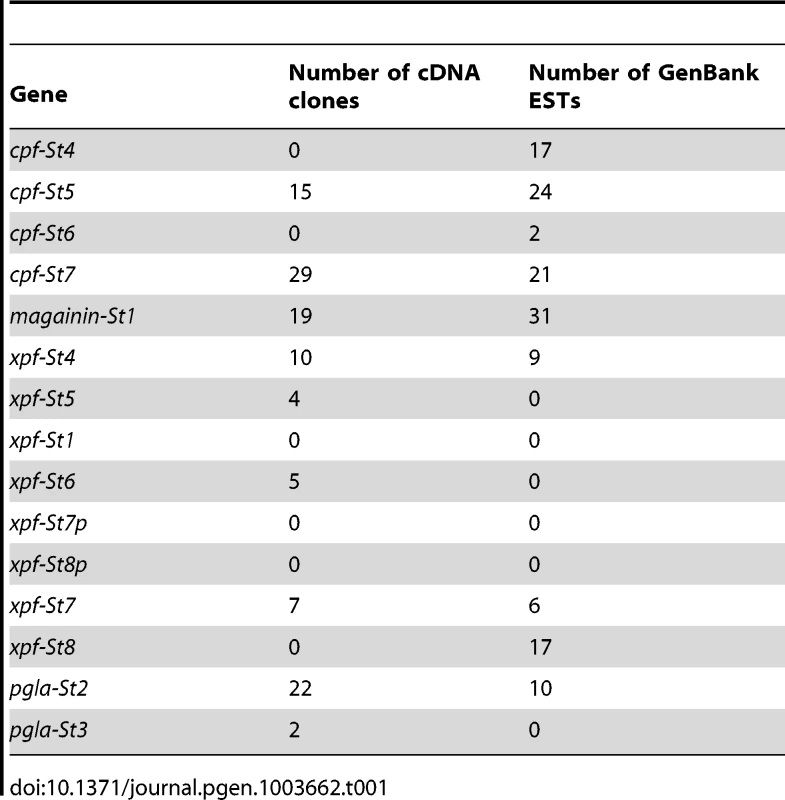 Transcript abundance of &lt;i&gt;S. tropicalis&lt;/i&gt; AMP genes in our cDNA library and in the EST division of GenBank.