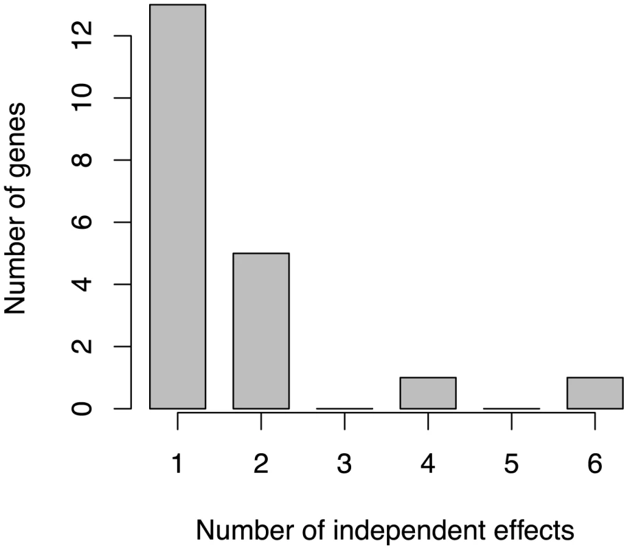 Distribution of the number of independent effects in ECG loci.
