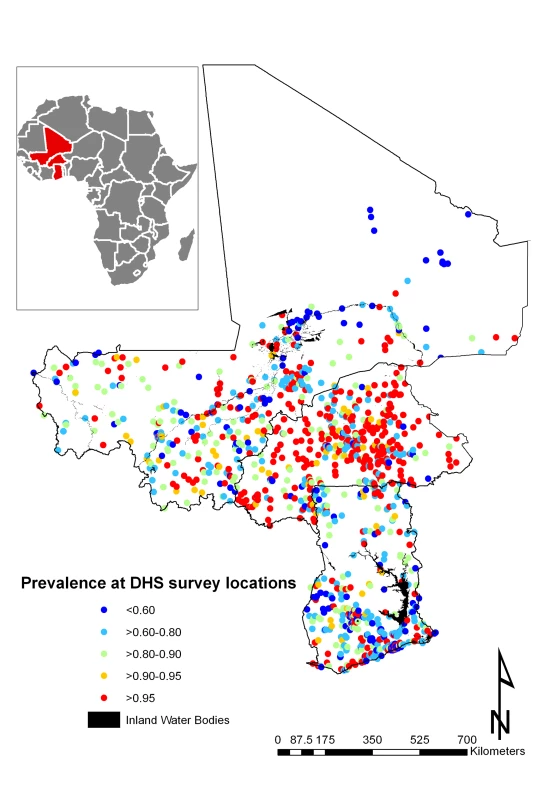 Mean prevalence of anaemia at 1,192 DHS survey sites.
