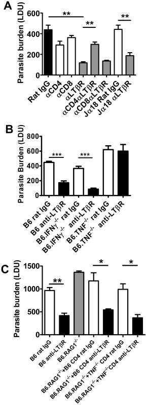 CD4<sup>+</sup> T cells and TNF are required for enhanced parasite clearance following treatment with anti-LTβR mAb LLTB2.