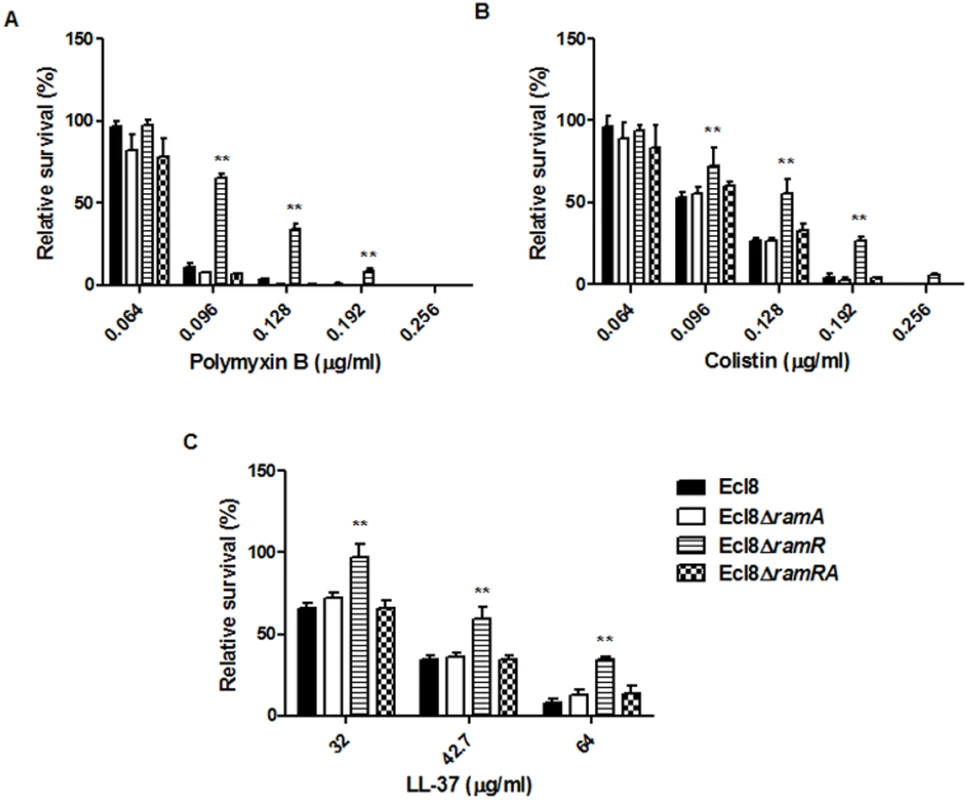 Survival assay of <i>K. pneumoniae</i> (Ecl8, Ecl8∆<i>ramA</i>, Ecl8∆<i>ramR</i>, Ecl8∆<i>ramRA</i>) to polymyxin B, colistin and the antimicrobial peptide LL-37.