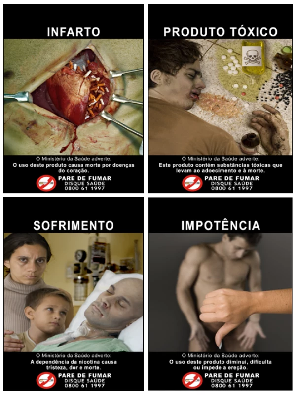 Examples of warnings on cigarette packages in Brazil.