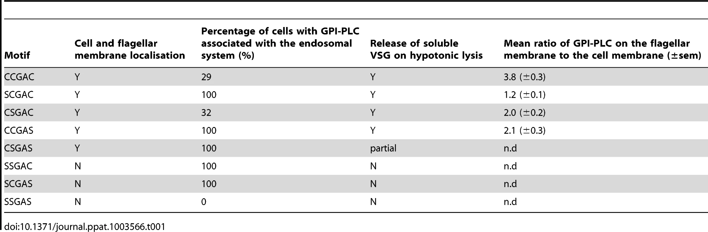 Summary of subcellular localisation and GPI-anchor hydrolysis for wild type and mutant GPI-PLC (n.d - no data).