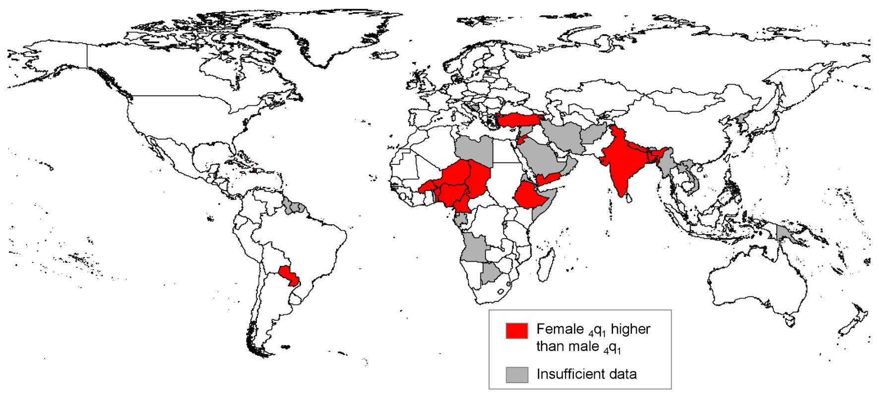 Countries where excess female child mortality (ages 1–4 y) was found in the 2000s.
