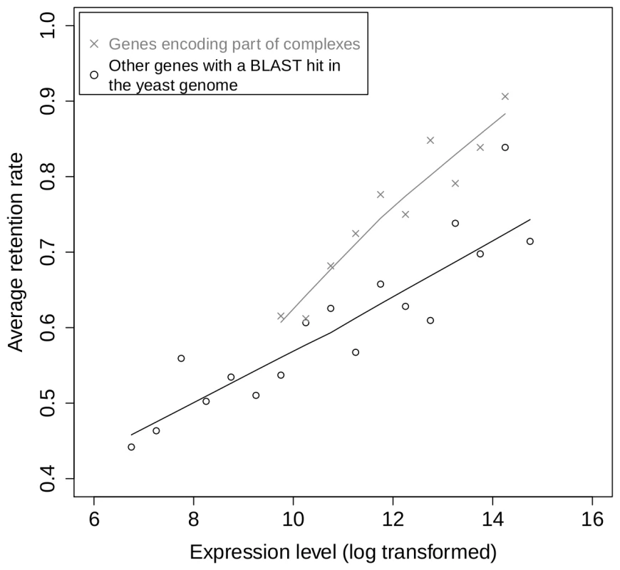 Relationship between gene expression and retention for subunits of protein complexes and for other genes.