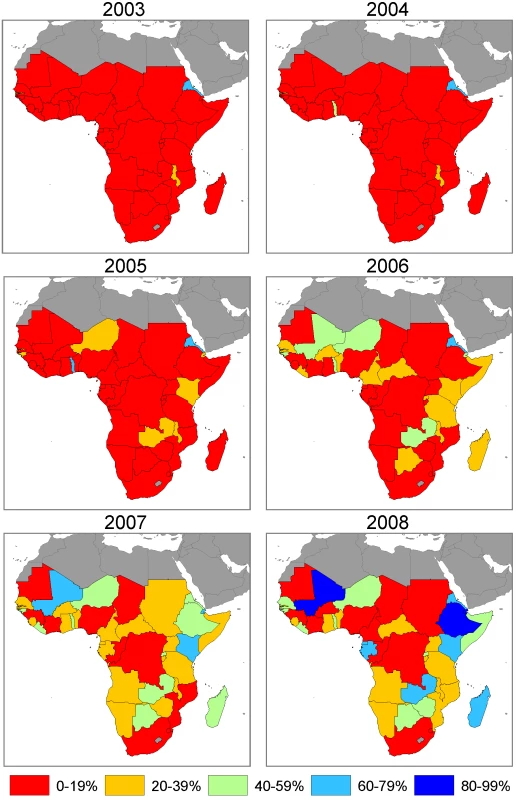 Annual maps of ITN household ownership coverage among the population at risk of malaria in 44 African countries.