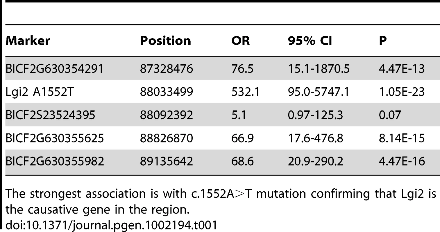 Four highly-associated SNPs spread across the linked 1.7 Mb homozygosity region, together with the c.1552A&gt;T mutation, were genotyped and tested for association from 28 BFJE cases and 112 healthy controls.