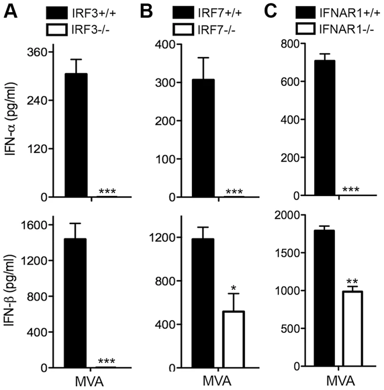Transcription factors IRF3/IRF7 and the type I IFN positive feedback loop mediated by IFNAR1 are required for the induction of type I IFN in murine cDCs by MVA.