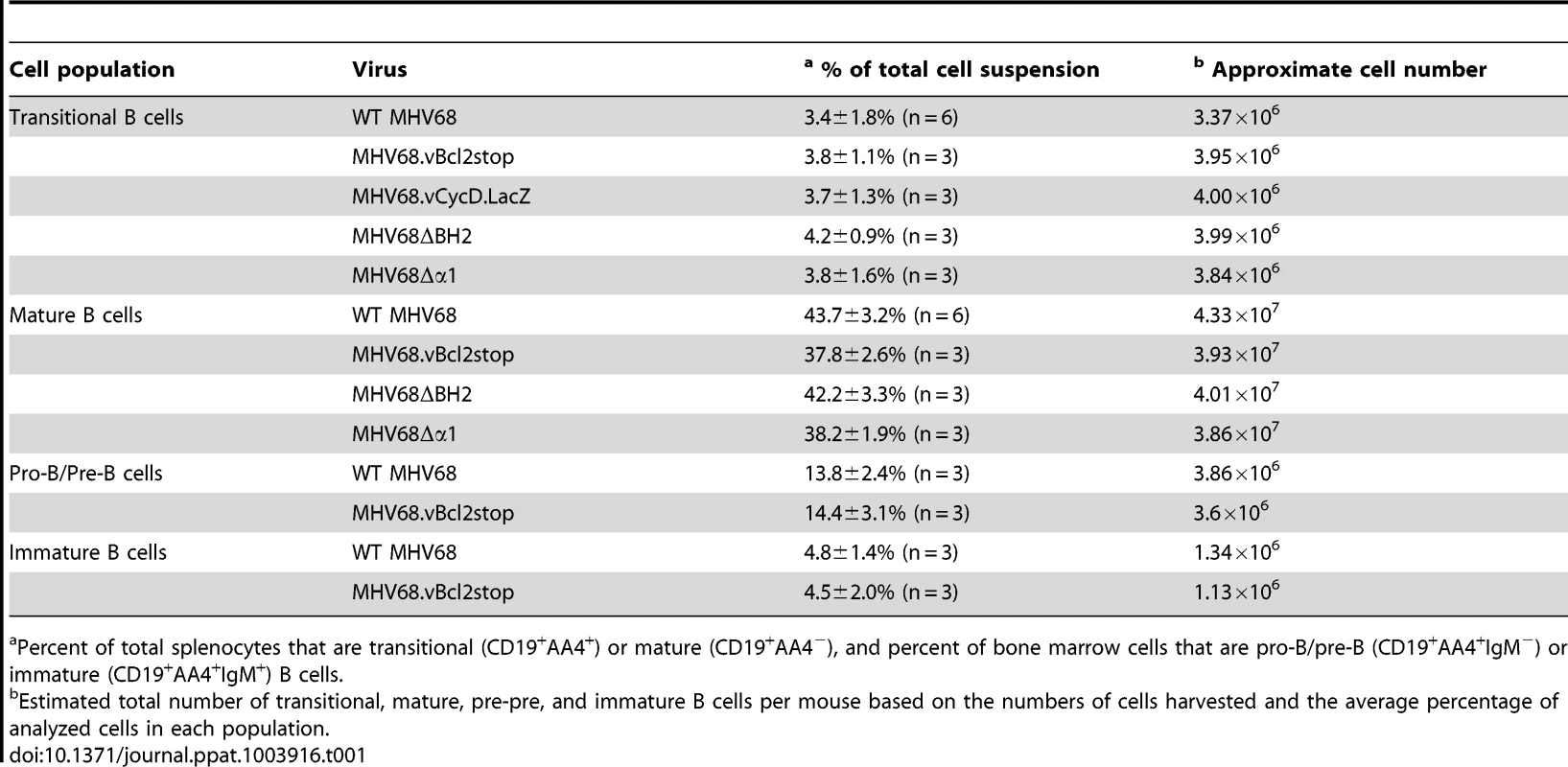 Percentages and approximate number of B cell populations following infection with wild-type and MHV68 mutant viruses.