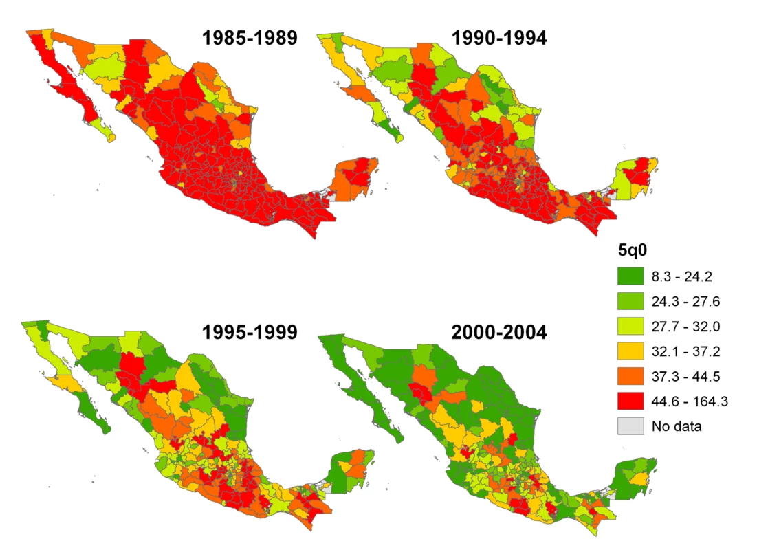 Estimates of under-five mortality by jurisdiction in Mexico, using the combined method approach of applying Loess regression to MAP and MAC estimates from the 1990, 2000, and 2005 censuses.