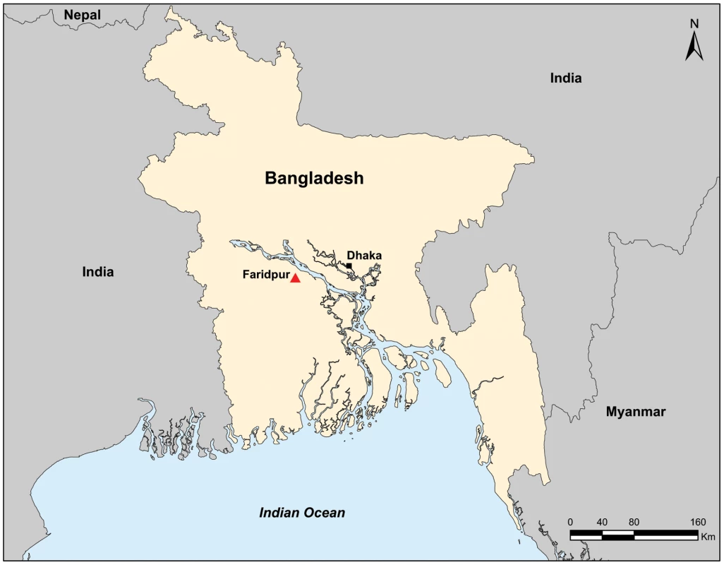 Map showing the location of the bat colony in Faridpur district, Bangladesh from which GBV-D was identified.