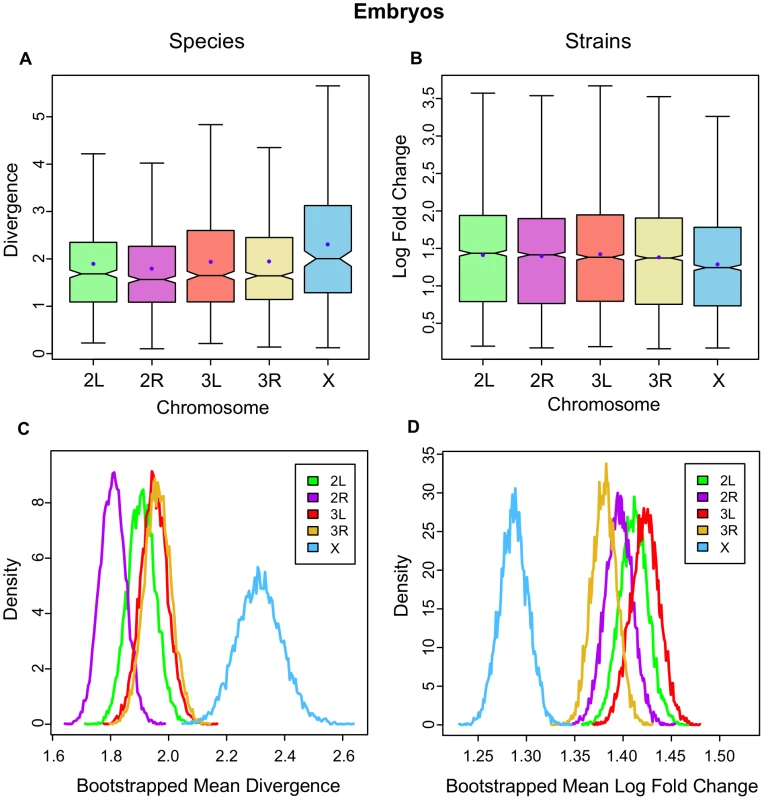 Gene expression divergence is higher on the X chromosome in <i>Drosophila</i> embryos and lower in <i>D. melanogaster</i> strains.