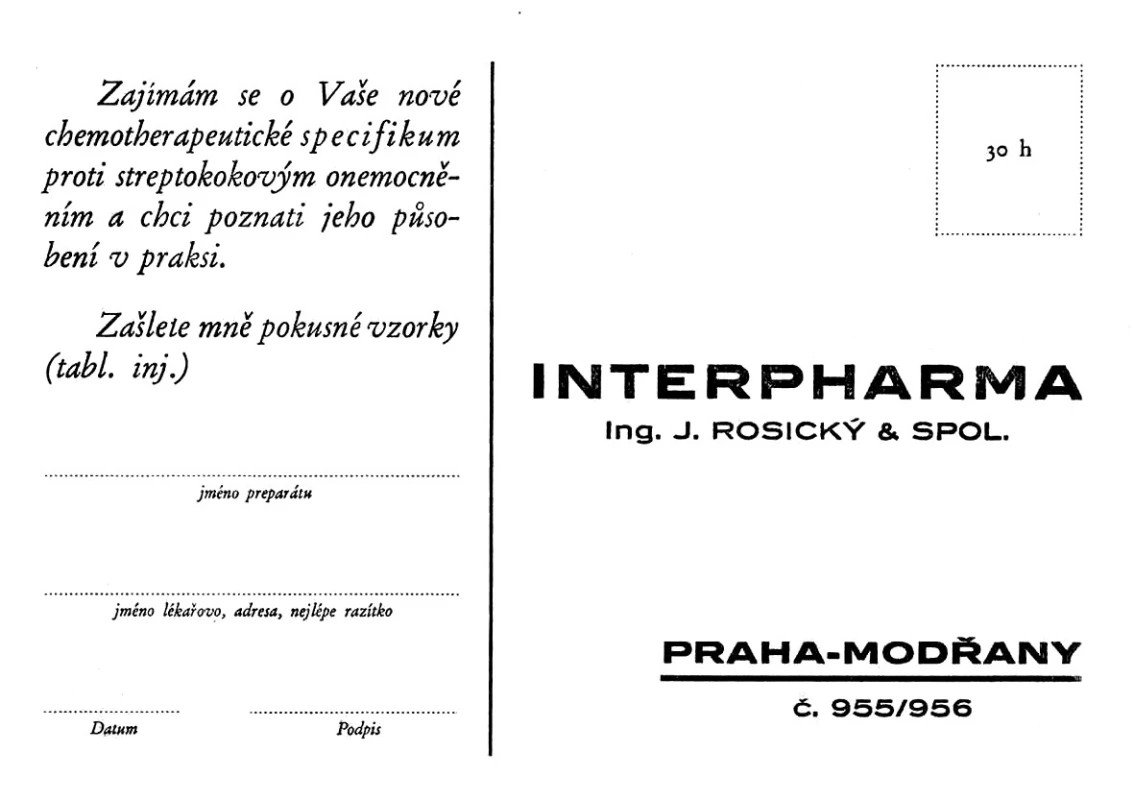 Dopisnice fy Interpharma, Praha – Modřany; po roce 1932, ČFM