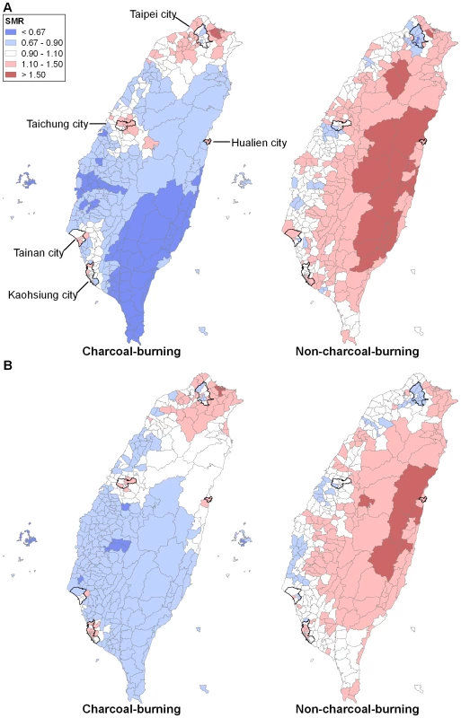 Maps of SMRs for charcoal-burning and non-charcoal-burning suicides (including registered suicides and undetermined deaths) across 358 townships in Taiwan, 1999–2007, with five major cities highlighted.
