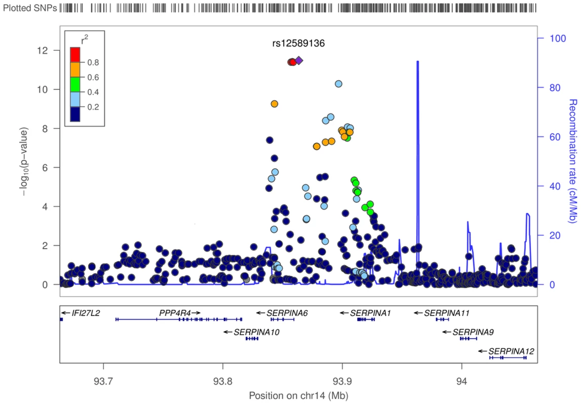 Regional associations surrounding lead SNP rs12589136 in genome-wide meta-analysis of morning plasma cortisol.