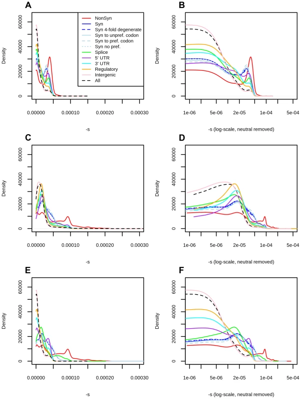 Distribution of fitness effects among YRI polymorphisms in the Complete Genomics dataset, partitioned by the genomic consequence of the mutated site.
