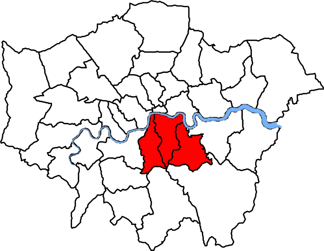 Map of London boroughs showing catchment areas for the hospital cohort.