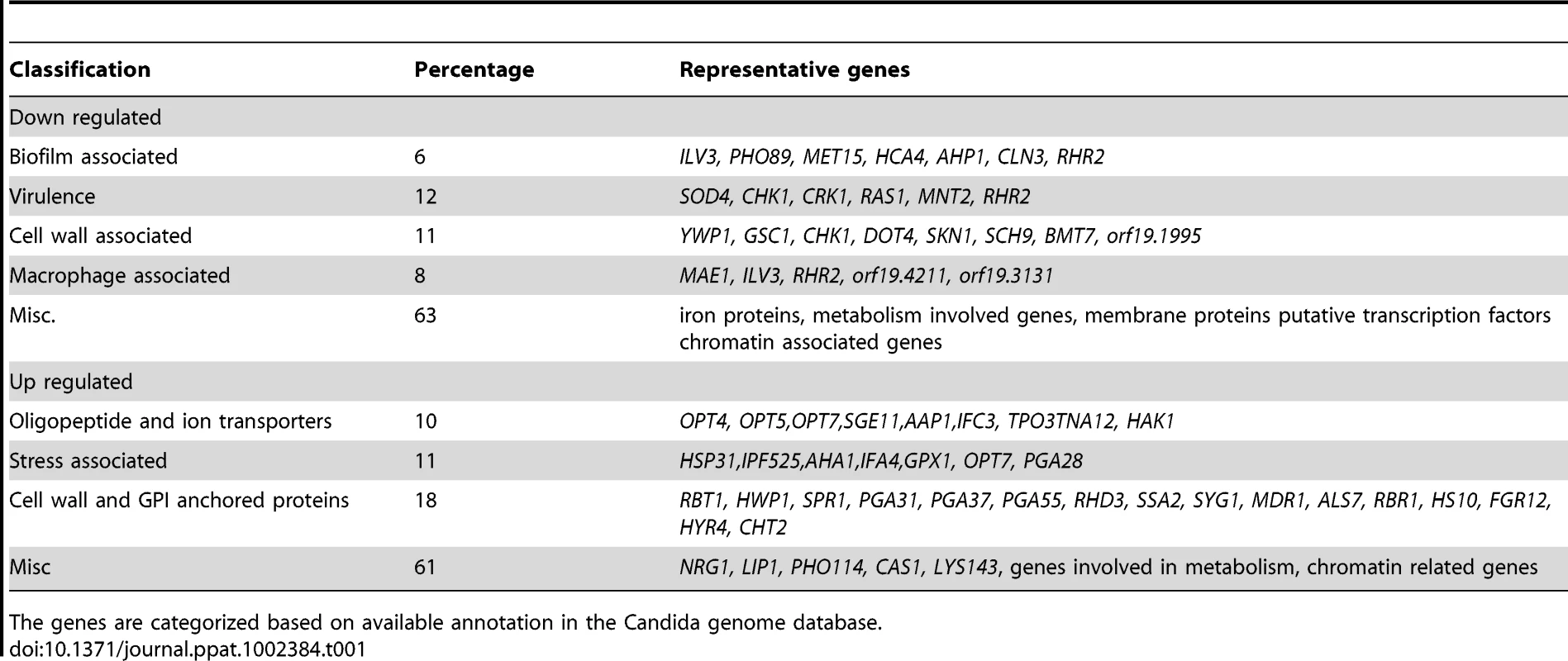 The list of representative genes differentially expressed in <i>C. albicans gal102Δ/Δ</i> as compared to the WT.