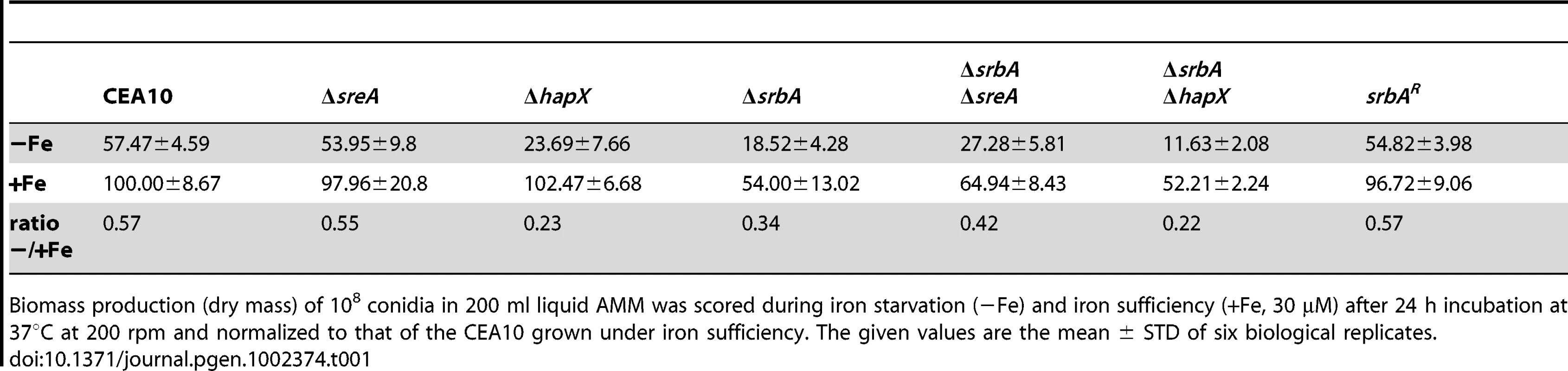 SrbA-deficiency impairs submersed biomass production in particular during iron starvation.