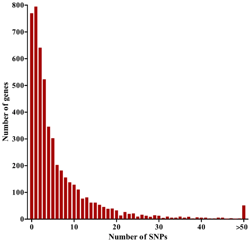 Distribution of numbers of SNPs per gene for 5,056 &lt;i&gt;P. falciparum&lt;/i&gt; genes analyzed with a population sample of 65 Gambian clinical isolates.