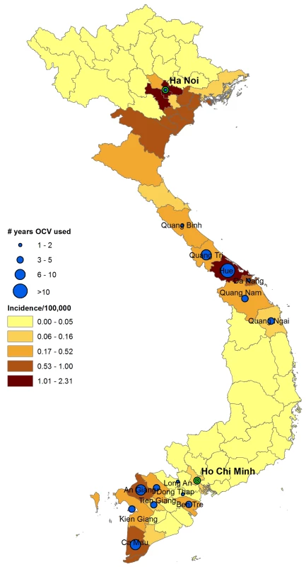 Map of average annual cholera incidence and oral cholera vaccine use, 1998–2012.