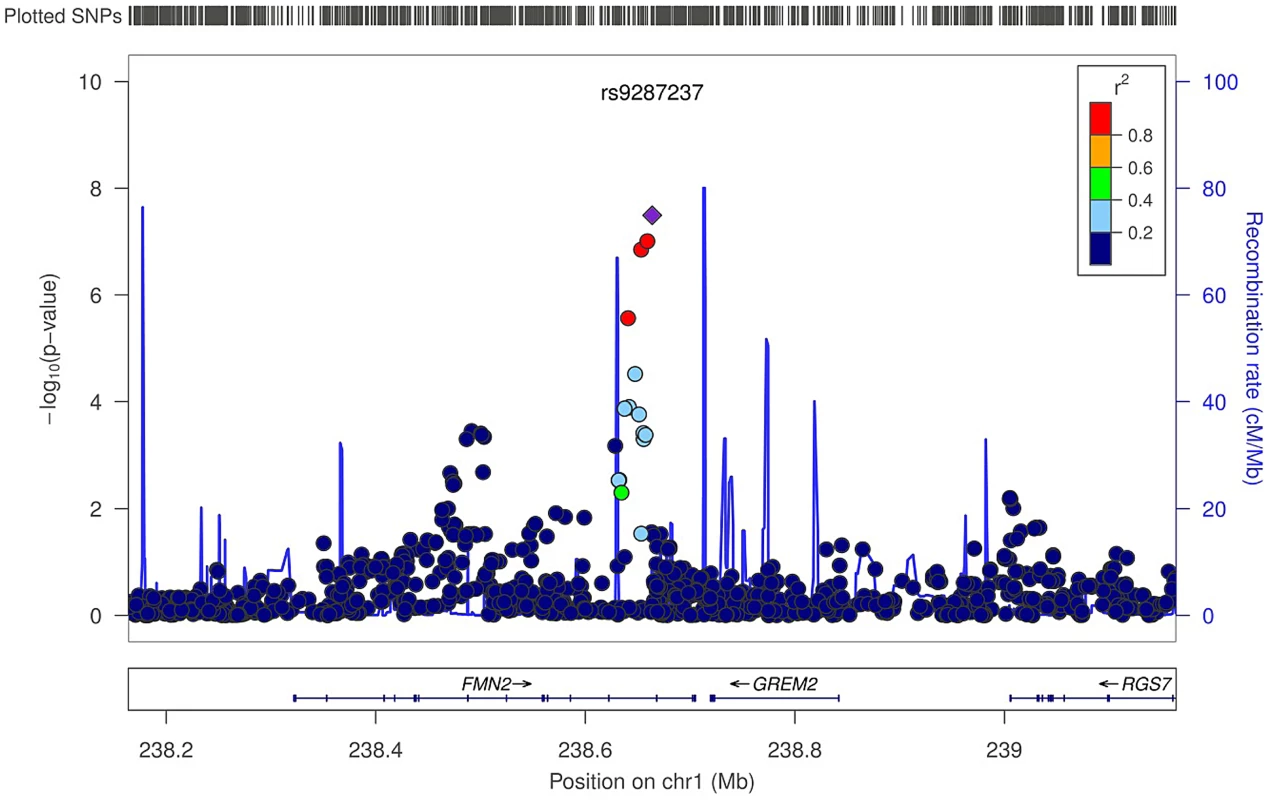 Regional association plot for rs9287237 of the discovery genome-wide meta-analysis of trabecular vBMD.