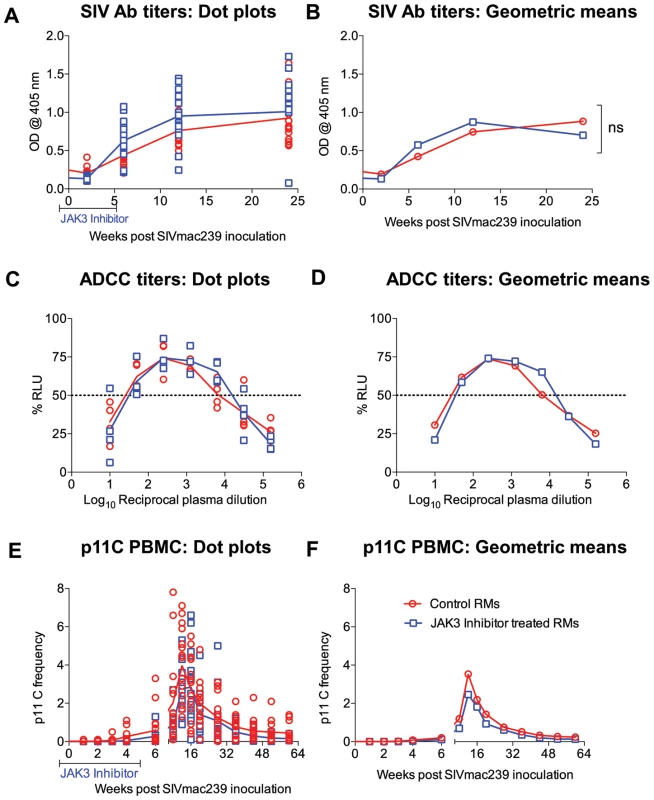 SIV specific antibody titers (A &amp; B) calculated as O.D<sub>450</sub> and ADCC titers calculated as IC<sub>50</sub> values (C &amp;D) in the plasma of the 2 groups of monkeys is illustrated as dot plots (A, C) or geometric means (B &amp; D).