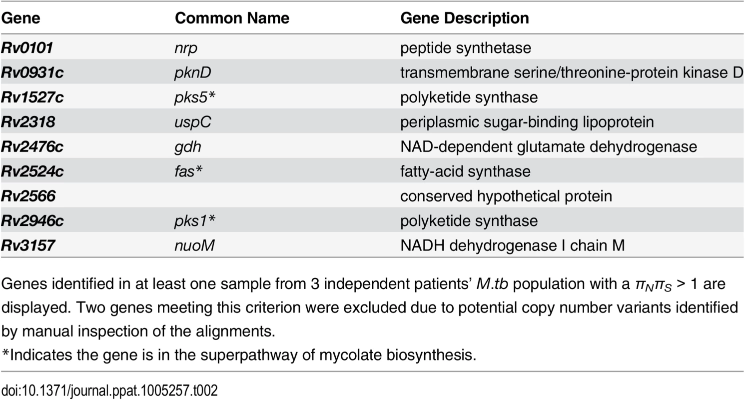 Genes with <i>π</i><sub><i>N</i></sub><i>π</i><sub><i>S</i></sub> &gt; 1 across 3 within-host <i>Mycobacterium tuberculosis</i> populations.