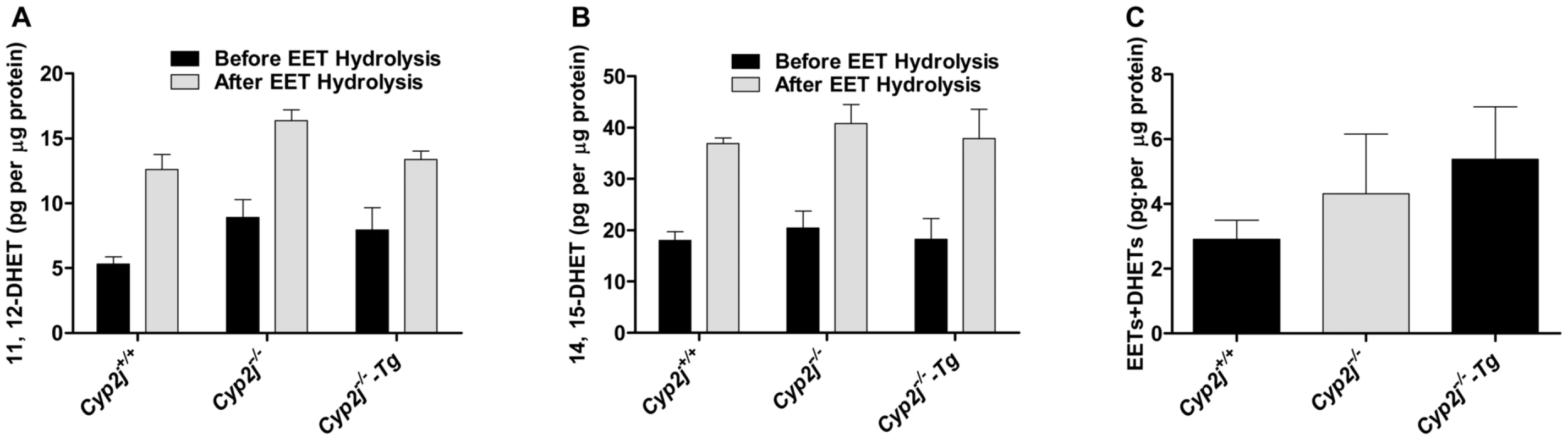 11, 12- and 14, 15-EETs measurements in BALF (A, B) and the generation of EETs and DHETs by pulmonary microsomes (C) of <i>Cyp2j<sup>+/+</sup></i>, <i>Cyp2j<sup>−/−</sup></i> and <i>Cyp2j<sup>−/−</sup>-Tg</i> mice.