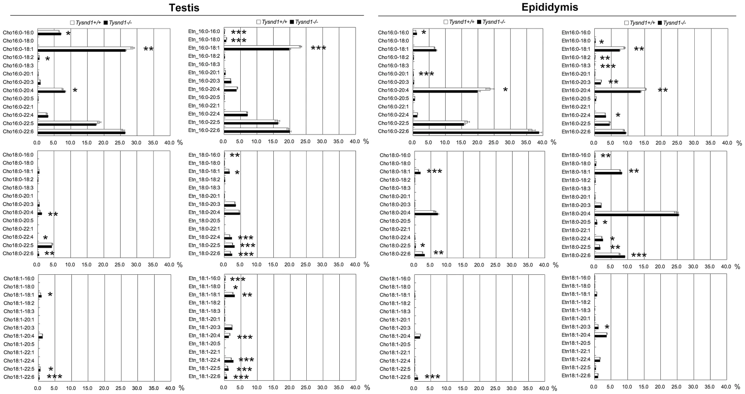 The composition of plasmalogen molecular species (%) in testes and epididymides.